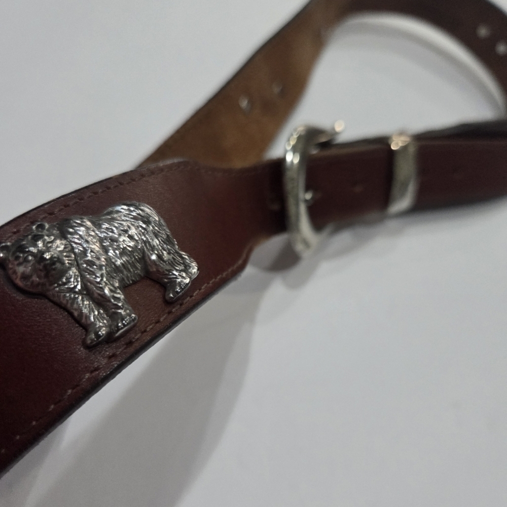 Vtg.Honest Brown Leather Men's Belt With Metal Animals Sz.32 - Picture 2 of 5